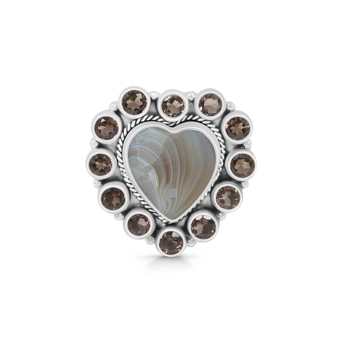Botswana Agate And Smoky Flower Adjustable Ring-(BWA-FLR-5.)